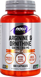 NOW Arginine 500 мг/Ornithine 250 мг, 100 капс